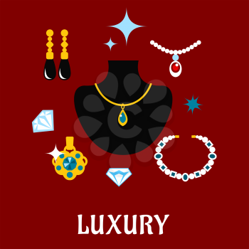 Luxury concept displaying expensive jewelry with gemstone necklaces, pendants and earrings with shiny diamonds around a central display bust, vector illustration