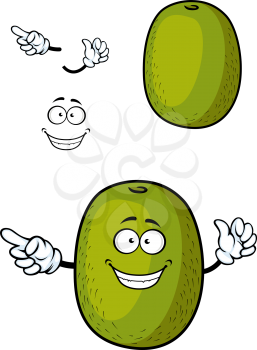 Happy kiwi fruit cartoon character with fibrous dark green peel and smiling face isolated on white background