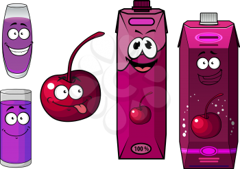 Cheerful cherry juice and fruit cartoon characters including smiling juice packs with screw caps, teasing bright red cherry fruit and glasses with sweet drinks suited for beverage design