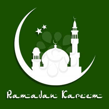 Mosque with moon and stars white silhouettes on dark green background with caption Ramadan Kareem below suitable for greeting card design for muslimreligious holy month Ramadan Mubarak