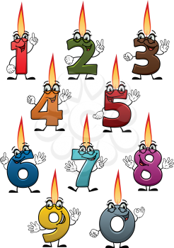 Colorful cartoon numbers characters with birthday candles , cheerful smiles and bright flames isolated on white background for holiday design
