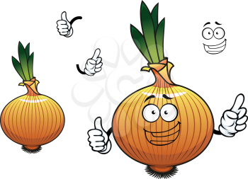 Golden onion vegetable cartoon character depicting joyful sprouted bulb with brittle husk and bundle of roots for vegetarian food design