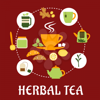 Herbal tea flat infographic design with cup of hot tea on saucer, mint leaves, sugars, lemon and croissant surrounded teapots and cups, honey jar with dipper, tea bag, tea leaves and ginger on red bac