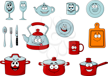 Happy smiling cartoon glassware and kitchenware characters with saucepan, pots, spoon, knife, fork, glasses, cups, plates, cups, teapot, kettle and chopping board for restaurant or cafe design