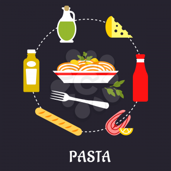 Italian pasta food flat design with traditional italian spaghetti with sauce and basil encircled by bottles of olive oil, tomato and mustard sauces, fork, cheese, ciabatta bread and salmon fish with l