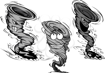 Furious dirty gray tornado and hurricane cartoon characters with clouds of dust and motion trails around them isolated on white background