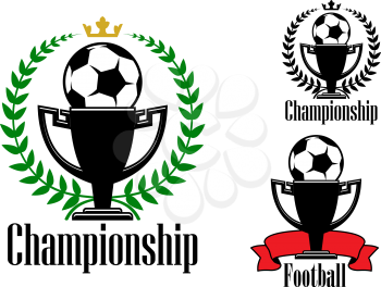 Soccer or football championship badges or emblems design with balls on the top of the trophy cups adorned ribbon banner or laurel wreaths with crowns