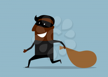 Joyful african american thief in black mask running away from the pursuit dragging sack with loot, suited for criminal or theft concept design. Cartoon flat style