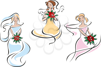 Romantic brides in colorful wedding dresses holding bouquets of red roses in outline sketch style