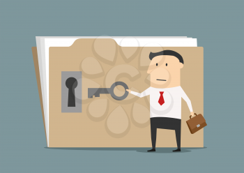 Businessman standing near the big folder with key and opening confident information. Cartoon flat style image, for security or data protection concept design