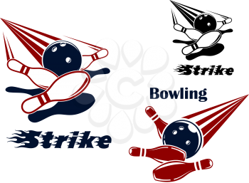 Bowling strike icons or emblems design with bowling balls crashing ninepins in red, blue, black and white colors