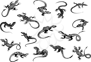 Black lizards or geckos reptiles for t-shirt or tattoo design with decorative ornaments in tribal style