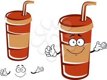 Cartoon takeaway cup character with drinking straw and funny face for fast food beverage design