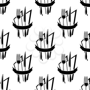 Black and white seamless pattern with restaurant forks and knives on the napkins with blank ribbon banner for menu or recipe book design