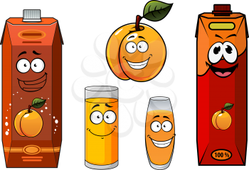 Joyful apricot juice cartoon characters with orange and red juice cardboard containers, filled glasses and fruit  for drink pack design
