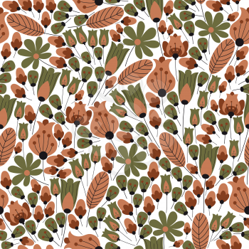 Retro floral seamless pattern with stylized pale green and orange bellflowers with ovate leaves on white background for wallpaper or textile design