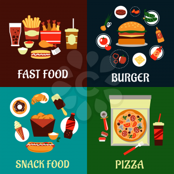 Fast food, burger, snack food and takeaway pizza flat icons with burger, ingredients, takeaway pizza box, soda, fried chicken, french fries, drinks and hot dogs