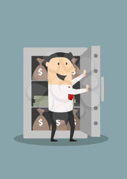 Happy smiling businessman opening the heavy door of metal safe with money bags and stacks of dollars in cartoon flat style suited for safety or security concept design