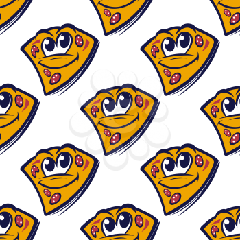 Cheesy pizza cartoon characters seamless pattern with pepperoni slices on white background for fast food or menu design 