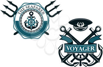 Retro voyager and seafarer nautical badges or emblems with crossed anchors, helm and captain cap, ribbon banner, tridents, lifebuoy, rope and chain