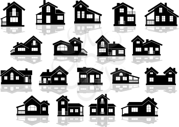 Black silhouettes of houses and cottages with reflections on white background, for real estate design
