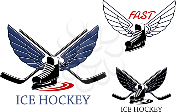 Ice hockey emblems with winged ice skates, motion trails and crossed sticks on the background for sports design