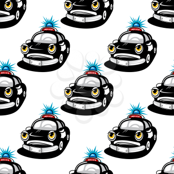 Police car cartoon characters seamless pattern with shining blue siren on white background for law concept design