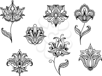 Black outline floral design elements in persian style with paisley flowers, wavy lines and dots for interior accessories or lace embellishment design