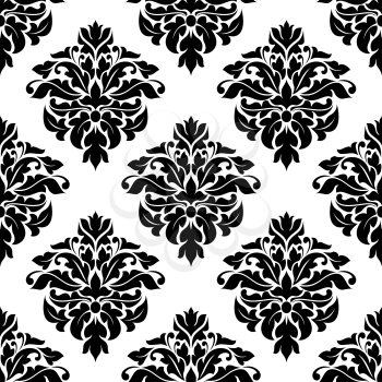 Victorian black and white floral seamless pattern with stylized damask leaves scrolls for wallpaper or fabric design