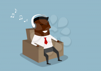 Cartoon relaxed black american businessman sitting in armchair and listening to music on headphones