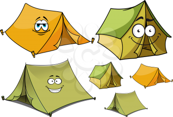 Cartoon happy travel tents characters with green and yellow ridge tents supporting wooden stakes, for travel or camping design