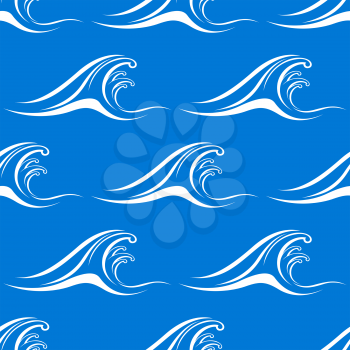 Cartoon white waves curls seamless pattern with ocean surf on blue background, for fabric or background design