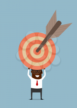 Happy african american businessman in glasses holding red target with arrow on the center, suitable for success on business concept design. Cartoon flat style