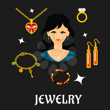 Jewelry concept in flat style with pretty brunette woman surrounded fashion gold with gemstones, precious accessories, chain with heart pendant, diamond ring, long earrings, bracelets and shining star
