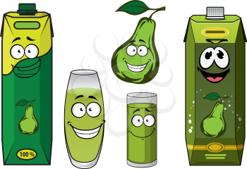 Green pear fruit and juice drink characters isolated on white background for fresh beverage design