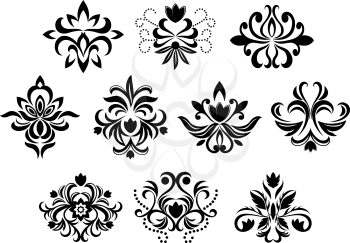 Black damask flower blossoms and patterns set isolated on white background for design and ornate