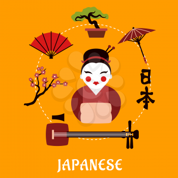 Japanese travel and cultural concept with cherry blossom, fan, bonsai, umbrella and calligraphy around a central Geisha girl with text below