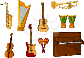Colored cartoon musical instruments with a saxophone, harp, guitar, trombone, maracas, violin, drums and piano
