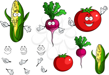 Fresh healthy happy cartoon vegetables with and without smiling faces and hands including corn, radish and tomato