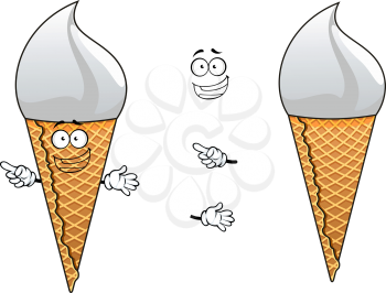 Twirling ice cream in a sugar cone with a happy smiling face and waving hand for snack or fast food design