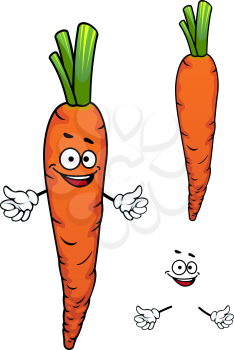 Colorful orange cartoon carrot vegetable character with a smiling face and hands for healthy food or cooking design