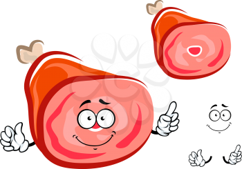 Cartoon cured ham with a happy smiling face and pointing hands isolated on white background, for meat food design