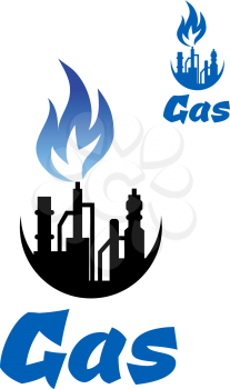  Natural gas extraction factory icon with blue gas flame for industrial logotype or emblem design