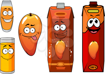 Fresh tropical mango cartoon fruit and juice set with two different juice cartons, two full glasses and a fresh whole fruit, all with happy faces