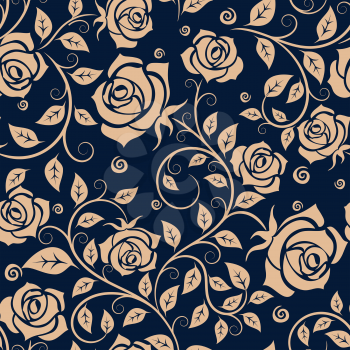 Medieval seamless pattern with beige roses on blue background for fabric or interior design
