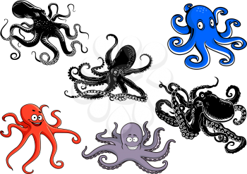 Colorful and black cartoon octopus characters, all with waving tentacles, isolated on white background