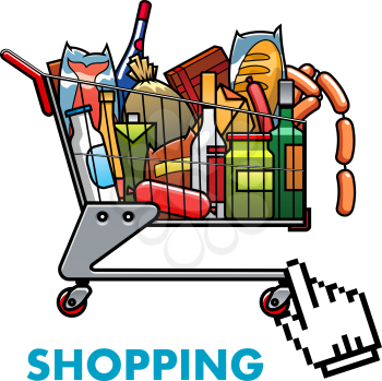 Online shopping concept with a full shopping cart of assorted groceries and drinks with web hand icon below for ordering or purchasing