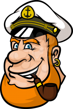Happy cartoon ship captain or sailor character with a red beard and blue eyes wearing his cap and smoking a pipe