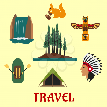 Travel concept for the Canadian or American wilderness with a rubber dinghy, waterfall, forest, native American Indian, totem, squirrel and tent