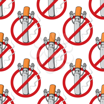 No smoking sign seamless pattern with cartoon cigarette with raised hands